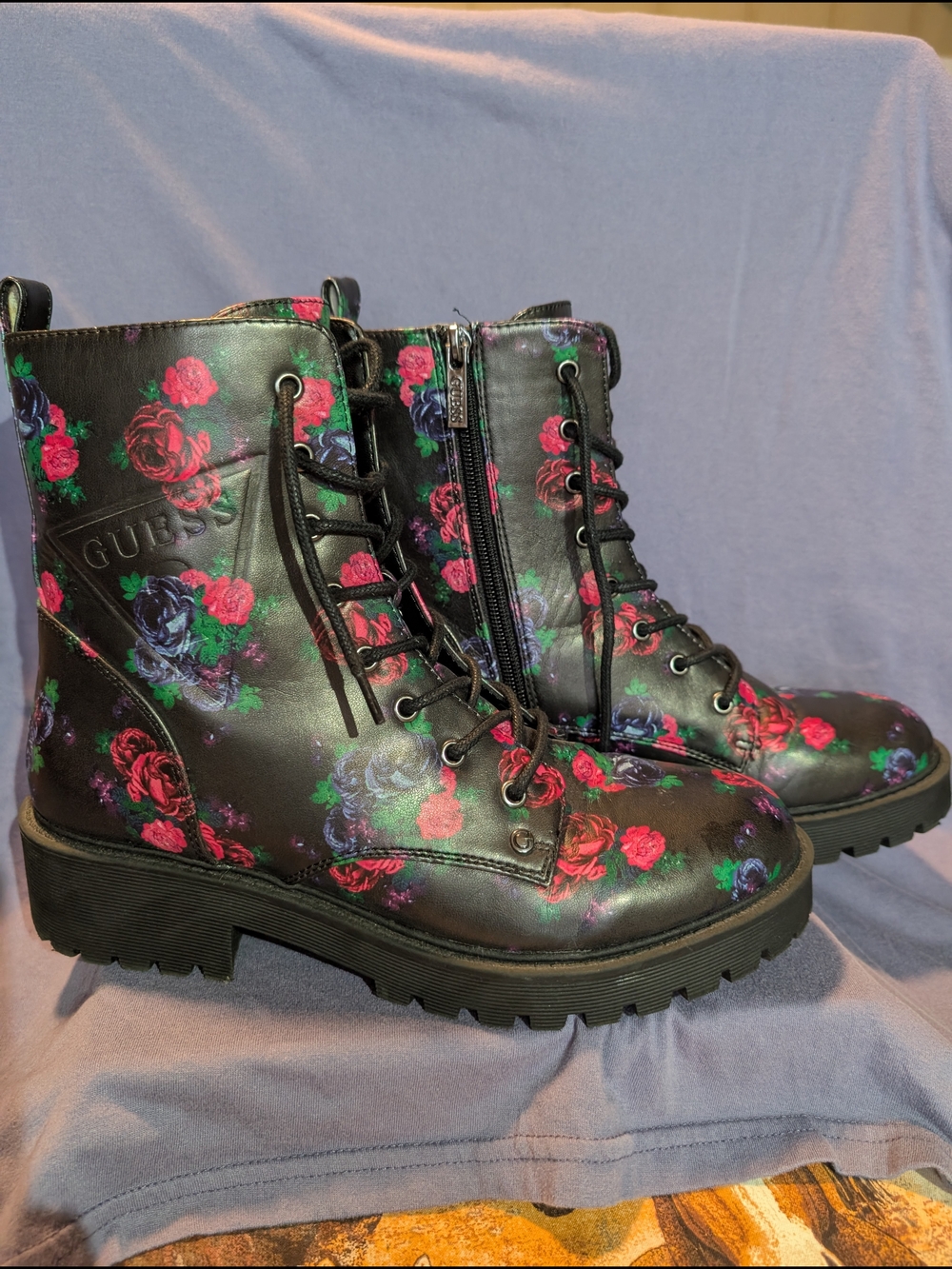 GUESS Black Floral Lace-Up Combat Boots with Side Zip